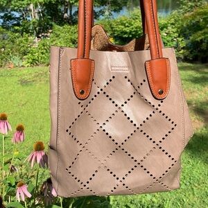 Louenhide Vegan Leather Handbag in Taupe w/Brown Trim w/Inside Zippered Pocket